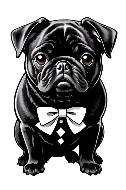 female black pug cartoon wearing bow tattoo design idea