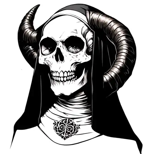 hot evil nun with horn skull tattoo design idea