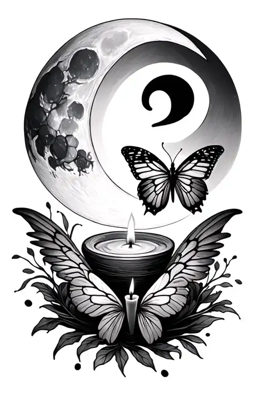waning cresent moon with lit candle with a butterfly with folded wings and semicolon for the body resting on the candle  tattoo design idea