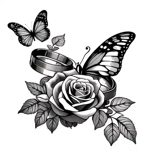roses and two wedding rings with butterfly tattoo tattoo design idea