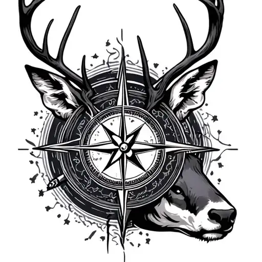 deer head and compass tattoo design idea