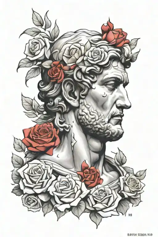 David Statue profile upper body, 6 Roses surrounding him, Roman Numerals 249095, black and white tattoo design idea