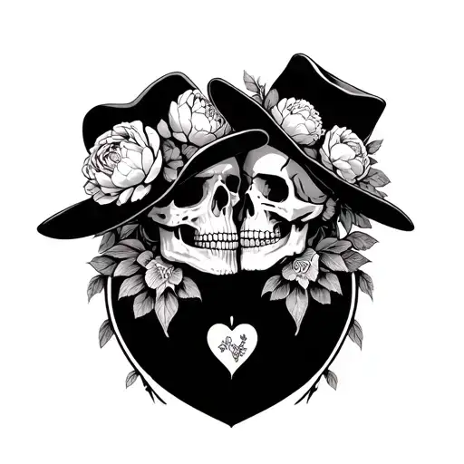 2 skulls looking at each other one with a cowboy hat with peonies assorted sizing a death head moth, and a sacred heart tattoo design idea