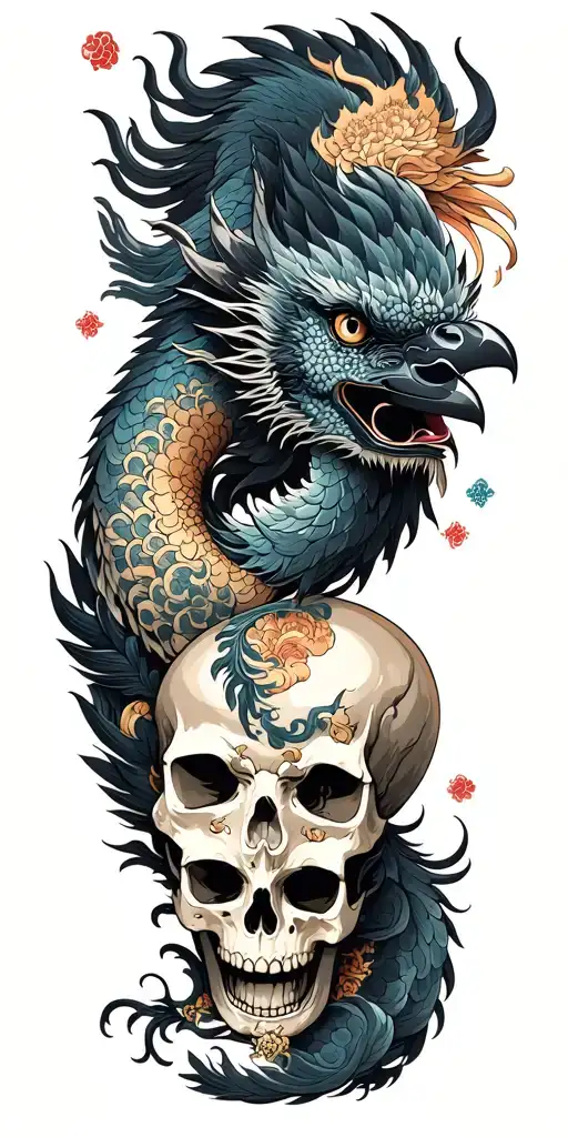 Chinese dragon and phoenix and skull and moon and raven tattoo design idea