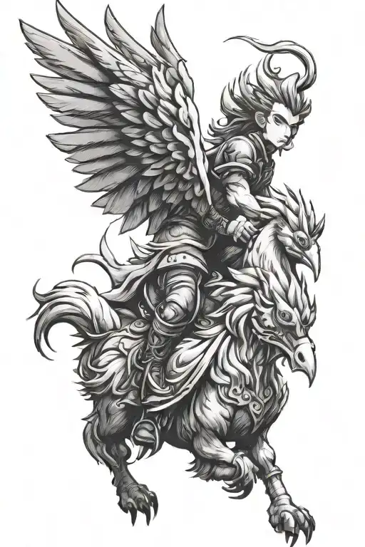 traditional aerith riding chocobo tattoo design idea