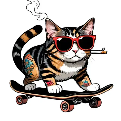cat on a skateboard doing a trick standing on its hind legs, smoking a cigarette with sun glasses with tattoos tattoo design idea