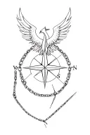 Phoenix and compass and broken chain, minimalist design tattoo design idea