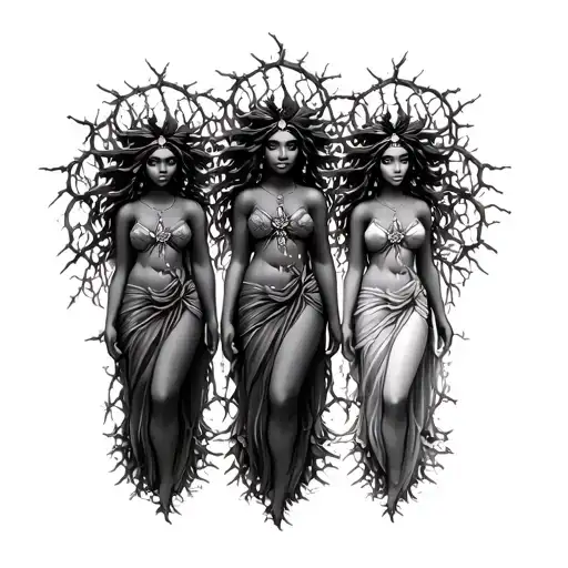 3 goddesses Oshun yemoja aje vines and thorns growing around them tattoo design idea