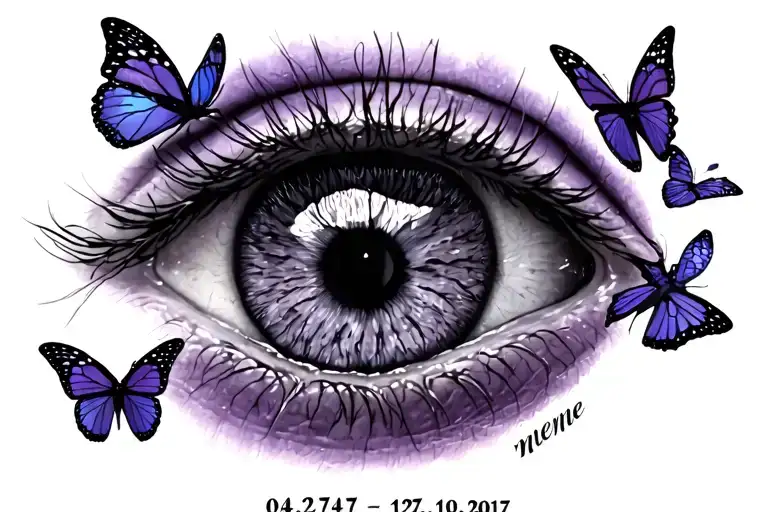 “Meme” in the stem of an iris with “04.27.1947 - 12.01.2017” under “meme” and butterflies around the iris tattoo design idea