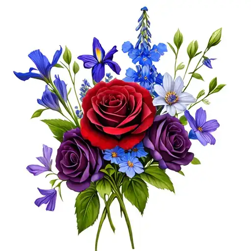 Flower bouquet with 4 dark purple roses, 1 red delphinium, 1 sapphire aster, 1 blue narcissus, and 1 purple iris tattoo design idea