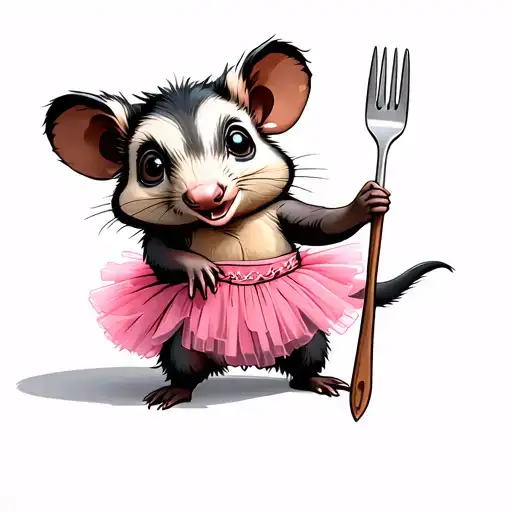 cute possum holding fork wearing pink tutu tattoo design idea