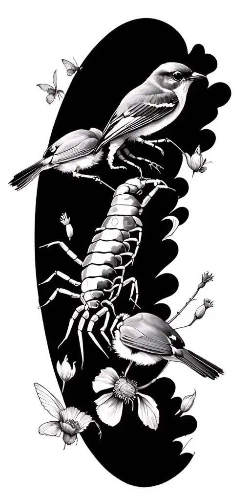 scorpions and robins and poppies and faries tattoo design idea