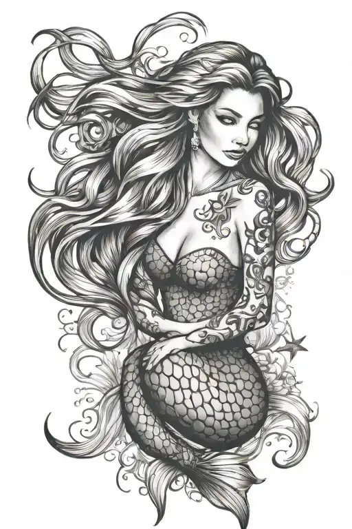 beach mermaid long tail hair tattoo design idea