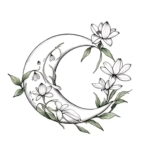 a crescent moon with Snowdrop, honeysuckle and water lilies wrapping around it tattoo design idea