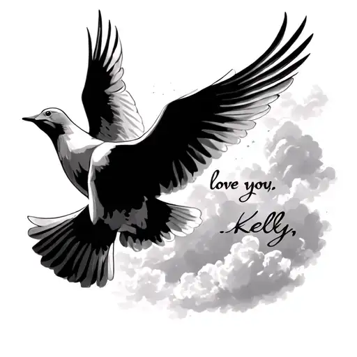 "love you, kelly" dove flying towards heaven tattoo design idea