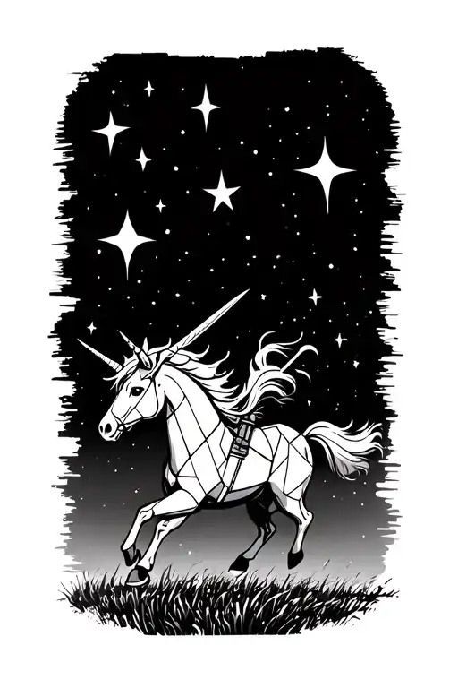 anthropomorphic muscle unicorn running through a field of stars while carrying a sword tattoo design idea