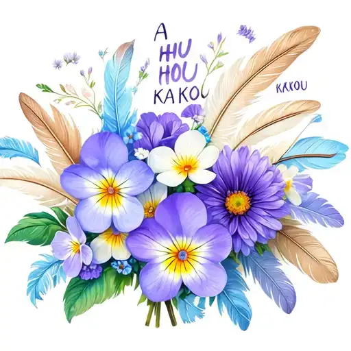 "A HUI HOU KAKOU" violets, primroses,  asters flower bouquet with light blue, lavender and cream boho feathers  tattoo design idea