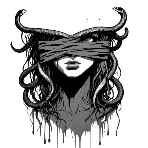 A mudasa tattoo with 10 snake hair, her eyes blindfolded with a cloth, with bloody tears streaming down her face, her mo tattoo design idea