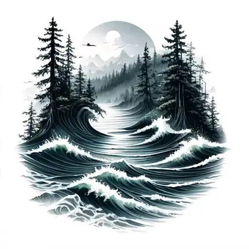 forest and ocean waves tattoo design idea