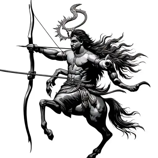 "The Best " Arjuna aiming his bow, Virgo sign incorporated, horse shoe symbol intertwined,  tattoo design idea