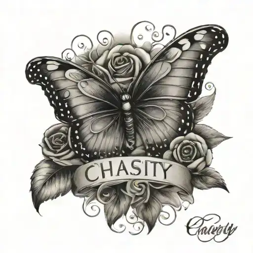 An elegant design featuring the name 'Chasity' adorned with delicate butterfly wings and roses tattoo design idea