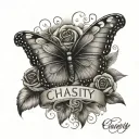 An elegant design featuring the name 'Chasity' adorned with delicate butterfly wings and roses tattoo design idea
