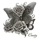 An elegant design featuring the name 'Chasity' adorned with delicate butterfly wings and roses tattoo design idea