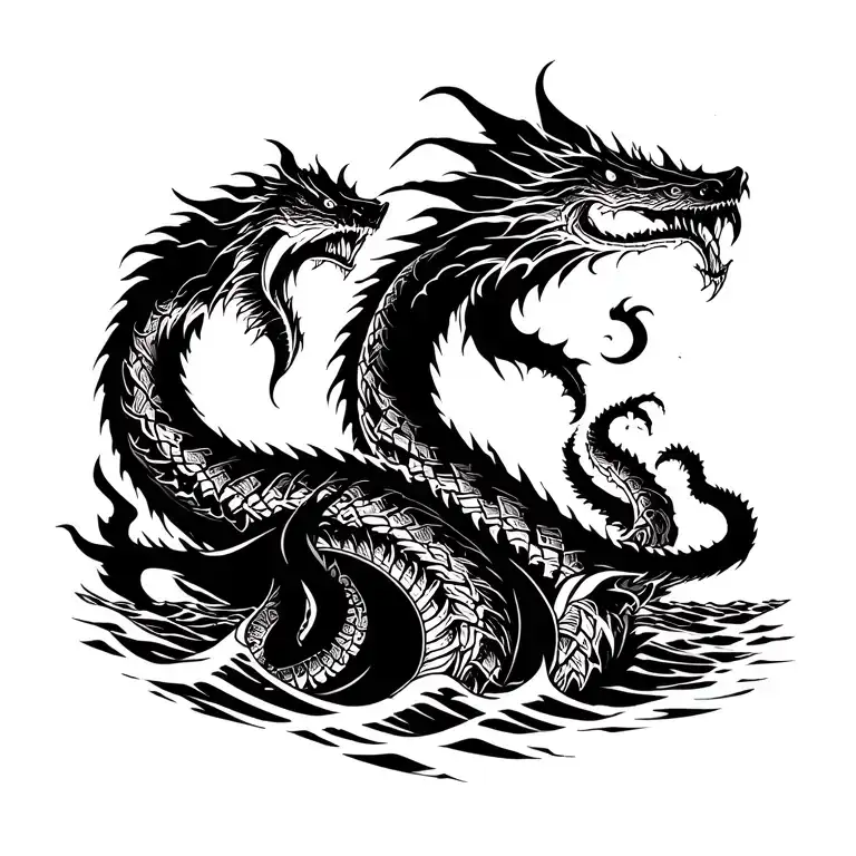 world serpent Jormungand fighting in the sea and sky with Thor against the backdrop of Ragnarok tattoo design idea