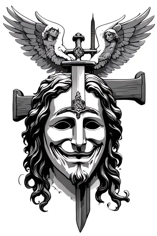 cry now smile later mask with Jesus on the cross and a guardian angel over top with a sword tattoo design idea