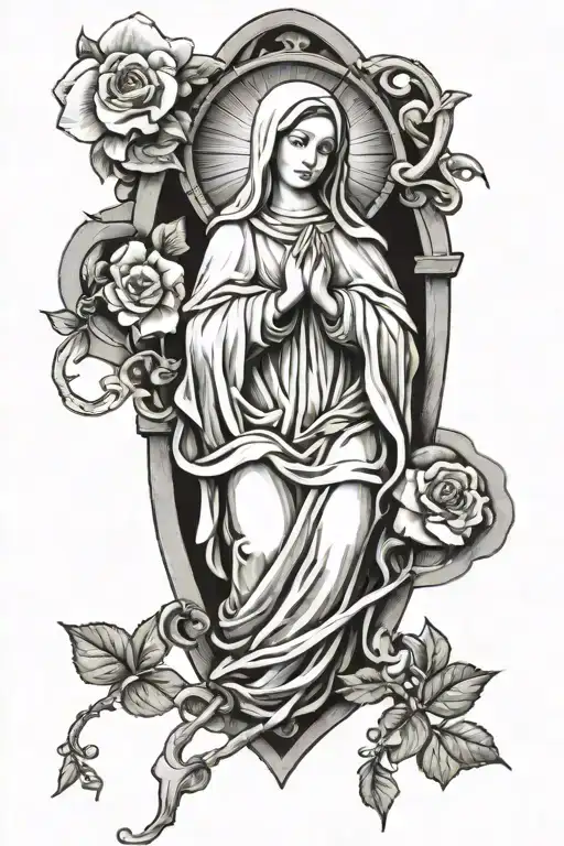 I want a sleeve Virgin Mary tattoo with church windows in the back that look like four leaf clovers tattoo design idea