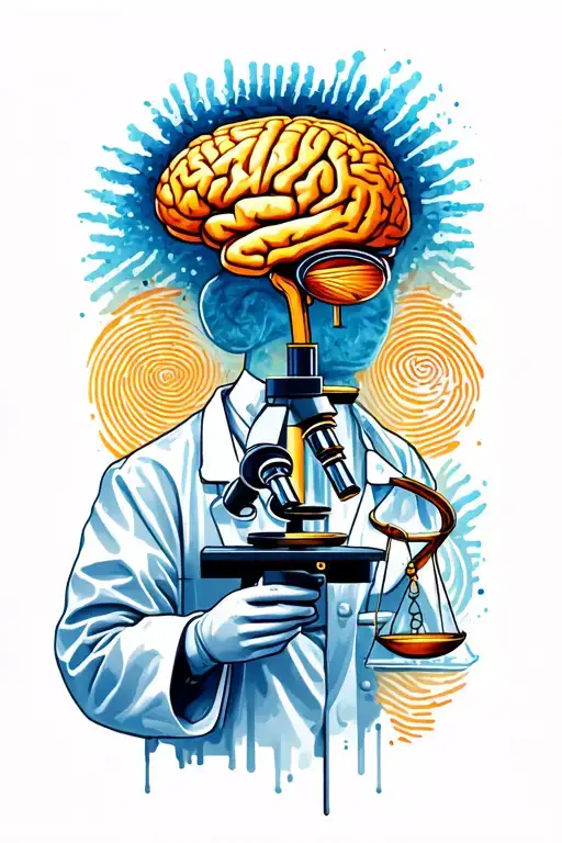 Forensic scientist with microscope, fingerprints, balance of justice, magnifying glass, DNA strand, brain, herram tattoo design idea