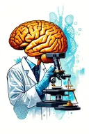 Forensic scientist with microscope, fingerprints, balance of justice, magnifying glass, DNA strand, brain, herram tattoo design idea