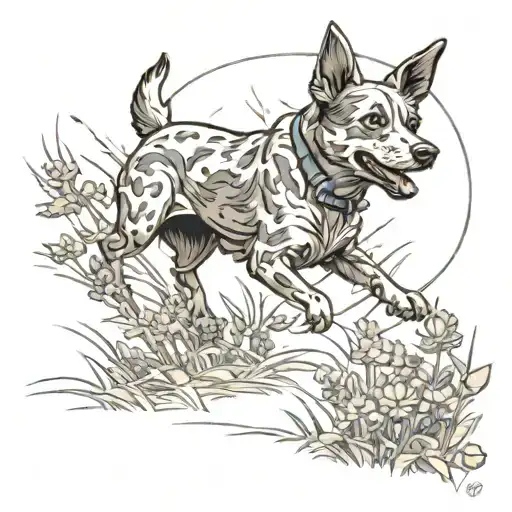 An outdoor scene featuring a blue heeler chasing a disc through a field of wildflowers, with subtle nods to the client's faith and love for nature tattoo design idea