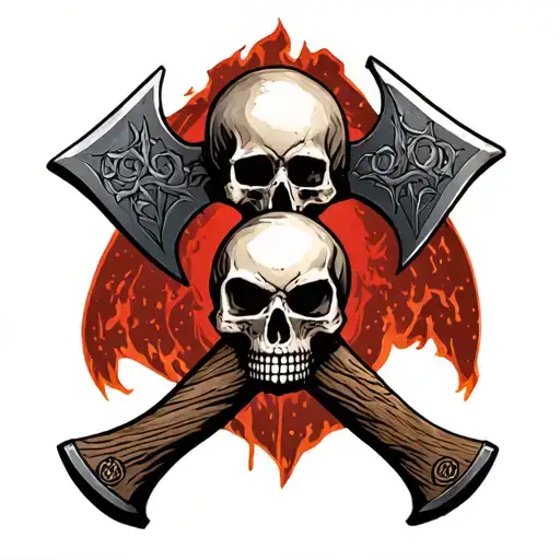 Weathered nordic Axes Crossing eachother with a skull in between them with moment Mori engraved on it tattoo design idea