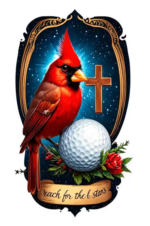 a small red cardinal, a small golf ball , Mary the mother of God,the words "reach for the stars", and a cross tattoo design idea