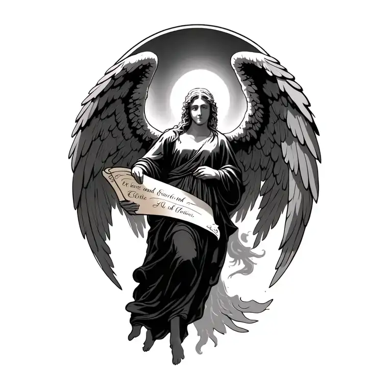 angel descending with heavenly wings, holding a scroll saying with names tattoo design idea
