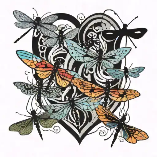 dragonflies flying, butterflies fluttering, heart beat tattoo design idea