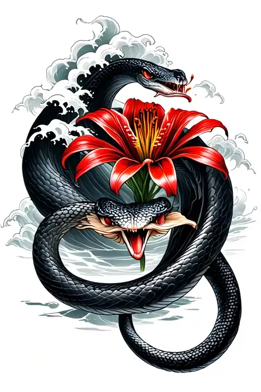 Japanese snake, waves crashing in the background, red spider lily tattoo design idea