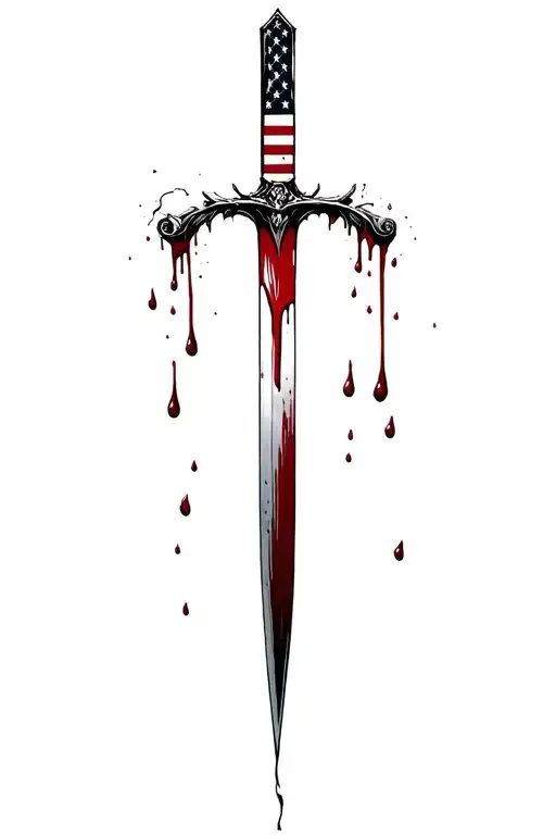 upward hilt blood dripping and tattered usa flag and sharp long blade tattoo design idea