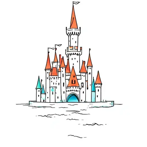 dainty disney castle tattoo with a little bit of color tattoo design idea