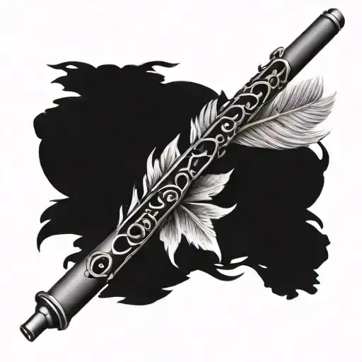 A creative tattoo design featuring a flute with a feather elegantly embedded along its shaft. The flute is artistically  tattoo design idea