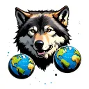wolf looking forward with globes floating around him each globes with santiago dominican republic one new york skyscrape tattoo design idea