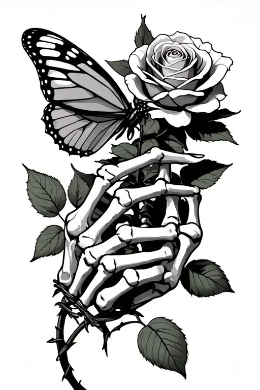 butterfly resting on rose, rose being held by skeleton hand, wrapped in barbed wire tattoo design idea