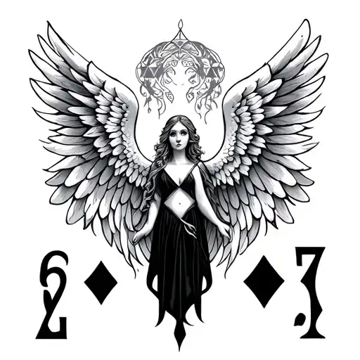7 of diamonds, peach, angel wings tattoo design idea