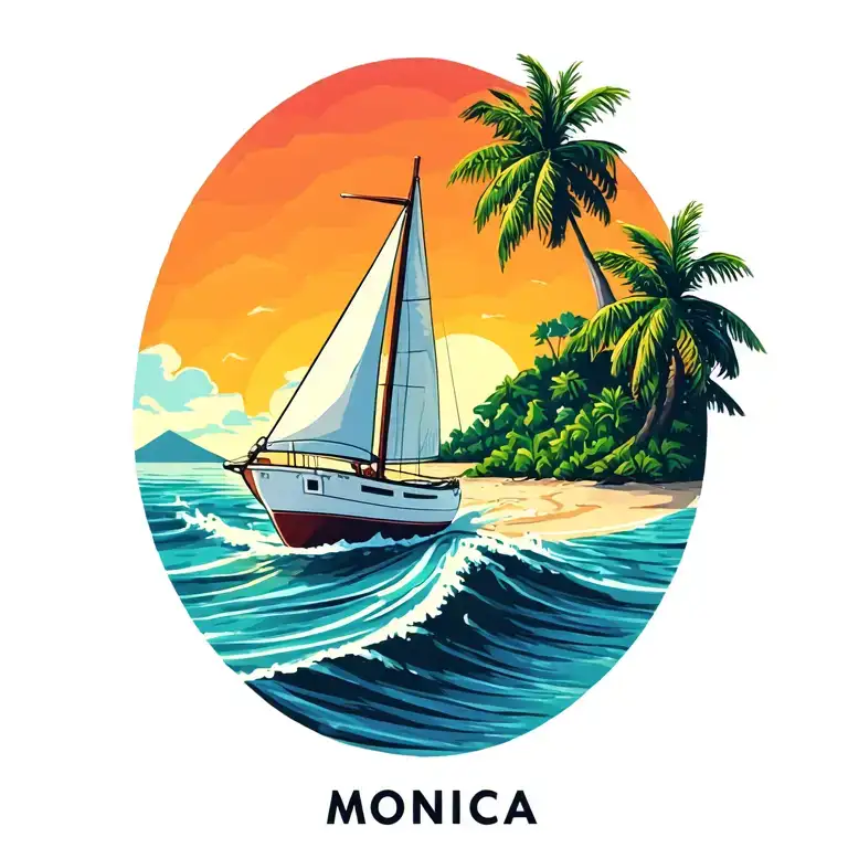 "Monica" "Monica" white sailboat sailing away towards sunrise sky, ocean, island with palm, beach tattoo design idea