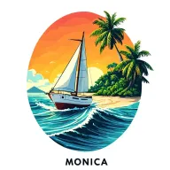 "Monica" "Monica" white sailboat sailing away towards sunrise sky, ocean, island with palm, beach tattoo design idea