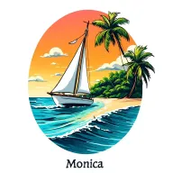 "Monica" "Monica" white sailboat sailing away towards sunrise sky, ocean, island with palm, beach tattoo design idea