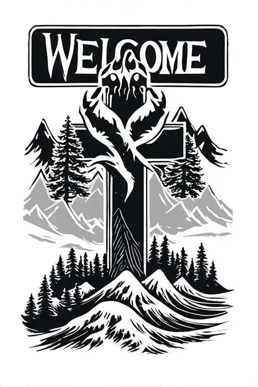 Cross shape with the last name “Welcome”, bear claw mark across the cross, mountains incorporated, pine trees, waves, bi tattoo design idea