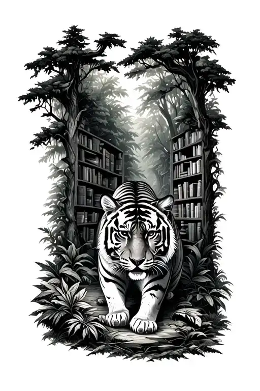 A tiger prowling through a lush forest filled with ancient trees and hidden bookshelves, representing the wild beauty of nature and the joy of reading tattoo design idea