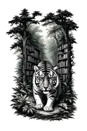 A tiger prowling through a lush forest filled with ancient trees and hidden bookshelves, representing the wild beauty of nature and the joy of reading tattoo design idea